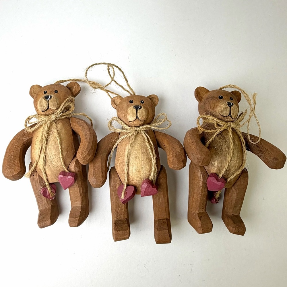 Rustic Wood Teddy Bear Ornaments Set 3 Farmhouse Cottage Decor - Picture 9 of 12